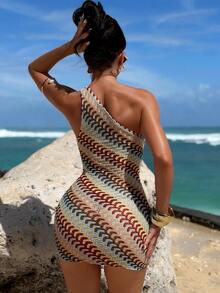 Sirith New Arrival Vacation Sexy Design Asymmetrical Shoulder Cinched Waist Bodycon Mini Dress - Multicolor - View 2