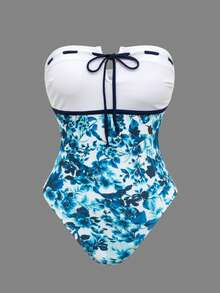 SHEIN Swim Oasis 女士蓝白碎花抹胸系带撞色褶皱性感沙滩度假泳衣套装，夏季 - 藍白色 - 查看 8