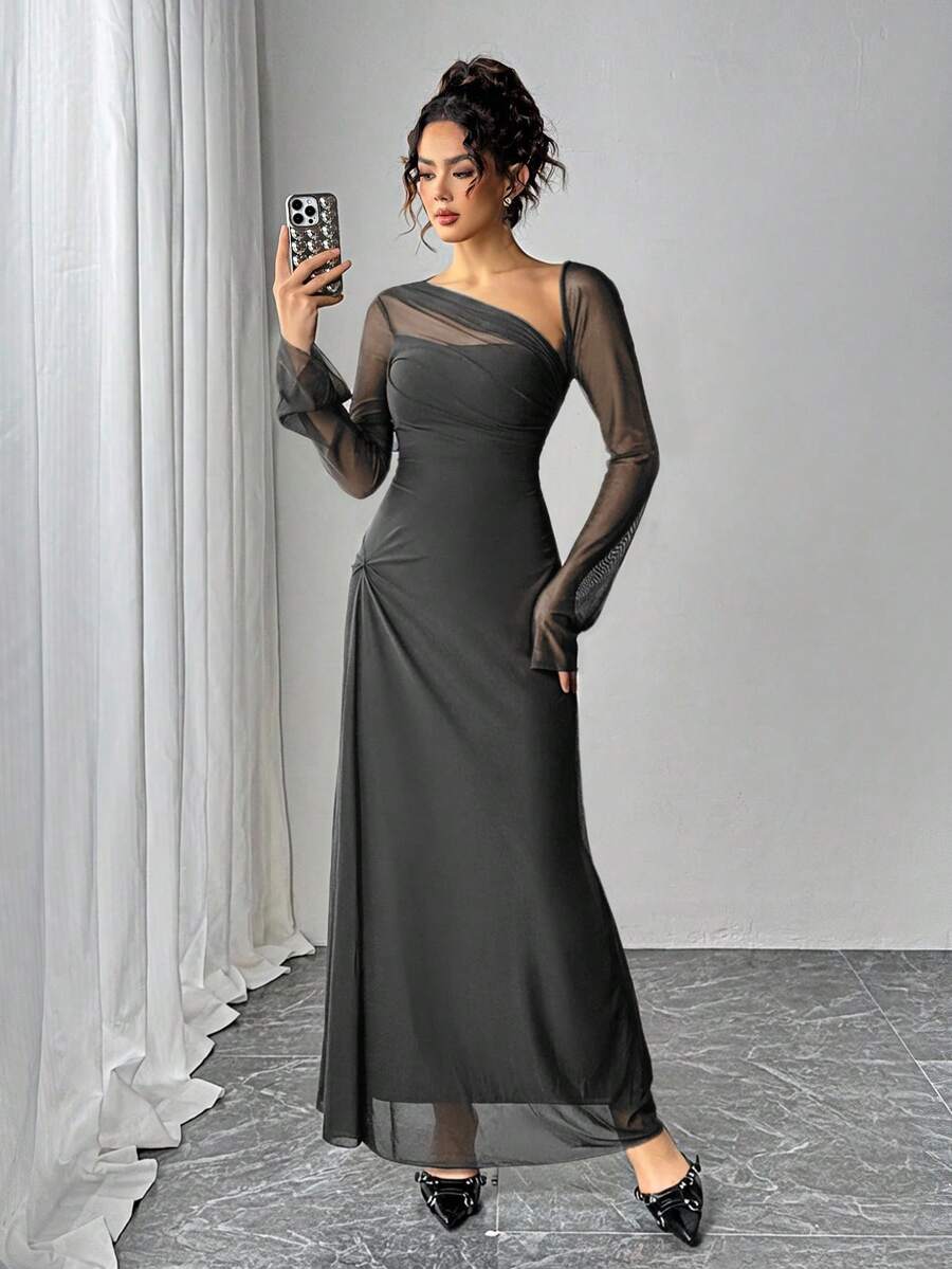 Women's Solid Color Ruched Waist Elegant Dress For Party And Occasion - Grey - View 1