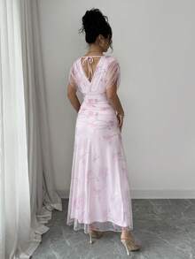 Elenzga 女士浅粉色网纱印花牡丹花卉长裙，带衬里，适合20-35岁以上女性出席正式晚宴、婚礼、情人节约会（随机花卉图案） - 粉色 - 查看 2