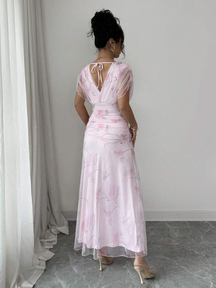 Elenzga Women's Light Pink Mesh Printed Peony Floral Long Dress With Lining, Suitable For 20-35+ Women For Formal Evening Party, Wedding, Valentine's Date (Random Floral Print) - Pink - View 2