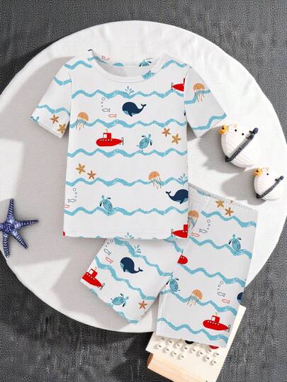 Bộ đồ ngủ 4 món cho bé trai, gồm áo tay ngắn và quần short dệt kim ôm sát, họa tiết hoạt hình và động vật dễ thương, thích hợp cho mùa xuân/hè.