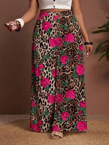Veslaya 2026春夏新款宽松大码女式长裤，玫瑰豹纹印花，适合度假、休闲、海滩、篝火晚会等场合。 - 玫紅色 - 查看 4