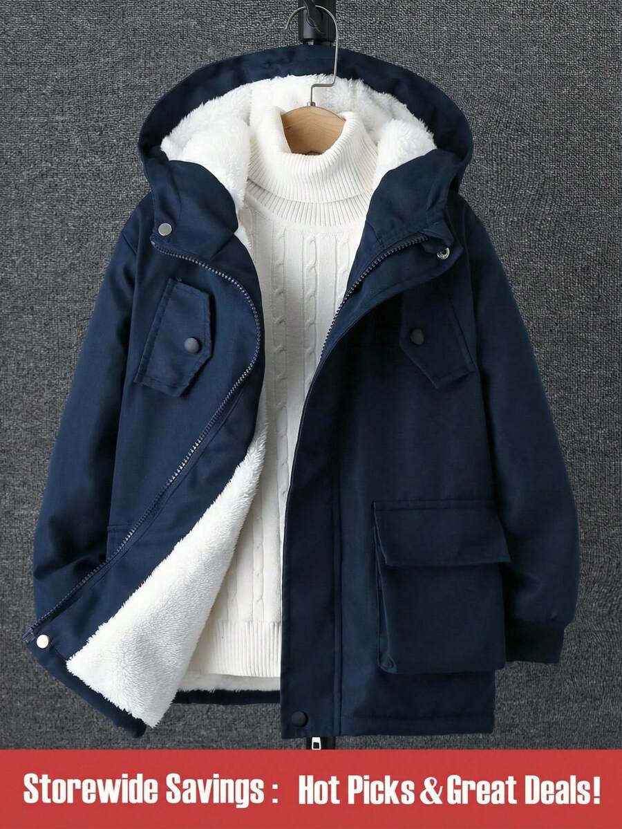 SHEIN Tween Boy Flap Pocket Teddy Lined Hooded Coat Without Sweater - Navy Blue - View 1