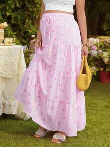 SHEIN Maternity Striped Bow Print Pleated Casual Versatile Daily Wear Skirt - Pink - View 5