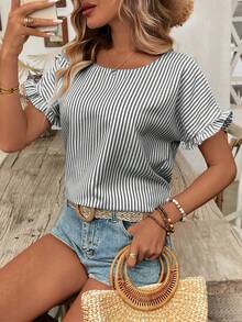 SHEIN Holidaya 女款黑白條紋短袖上衣，休閒百搭夏季度假上衣，春夏日常穿著 - 黑色 - 查看 6