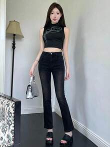 DAZY 女款鈕扣休閒百搭日常牛仔長褲，黑色，夏季百搭 - 黑色 - 查看 3