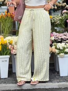 GalTyme 大码休闲条纹抽绳腰裤 - 淡黃色 - 查看 4