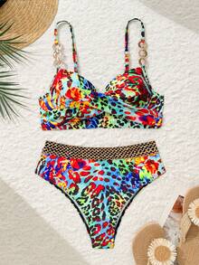 SHEIN Swim 女士夏季沙滩印花链条聚拢比基尼套装 - 彩色 - 查看 3