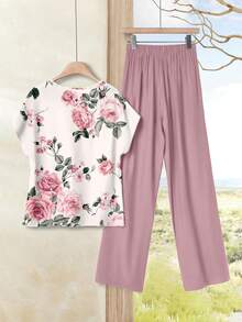 EMERY ROSE Floral Rose Print Plus Size 2 Pieces Set, Suitable For Mother's Day, Spring/Summer - White - View 6