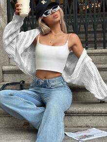 Batwing Sleeve Hollow Out Lightweight Knit Cardigan - White - View 6