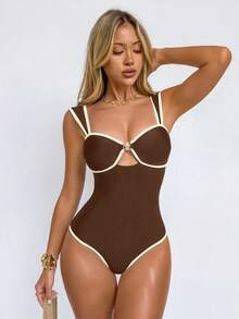 Shapewave Maiô feminino de uma peça com estampa de estrela-do-mar em preto e branco, efeito push-up, controle de barriga, sem costas e com amarração. Ideal para praia, férias e festas. - Castanho - Ver 5