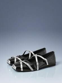 CUCCOO GRLICON Women's Flat Shoes, Square Toe Contrast Color Buckle Design Casual Flat Shoes, Motorcycle Style Outfit For Cool Girls, Suitable For Spring/Summer, Vacation, Travel, 2000s Style - Black 3 - View 2