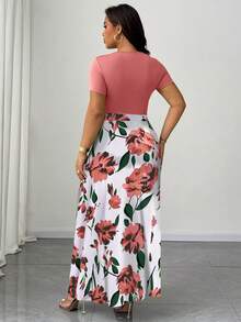 Maweii Robe longue à manches courtes avec taille cintrée, imprimé floral, col rond, pour femmes grandes tailles, printemps/été. Robe décontractée élégante pour les loisirs, les vacances et les déplacements. Robes décontractées pour femmes. - Rose bonbon - Voir 2