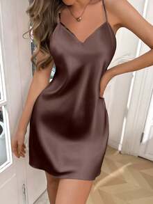 Crystal Vow Áo ngủ hai dây hở lưng gợi cảm bằng lụa giả với viền ren và dây chéo. - Cà phê nâu - Xem 2