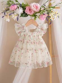 SHEIN Newborn Baby Girl Cute & Elegant Summer Mesh Floral Embroidery Dress - Apricot - View 4