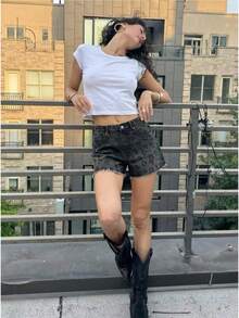 Anewsta 夏季休闲豹纹水钻毛边牛仔短裤 - 灰色 - 查看 3