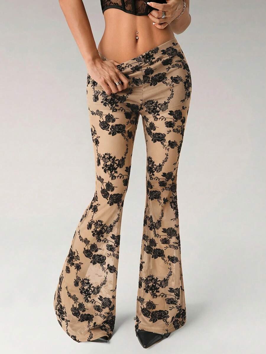 SHEIN ICON 女士时尚性感植绒透视喇叭裤 - 杏色 - 查看 1