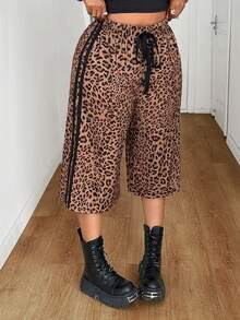Maweii Plus Size Women's Casual Leopard Print Fabric Elastic Waist Drawstring Bow Decor Wide Leg Pants, Versatile Design For Vacation, Concert, Outing, Party, Date Night, Spring/Summer - Multicolor - View 4