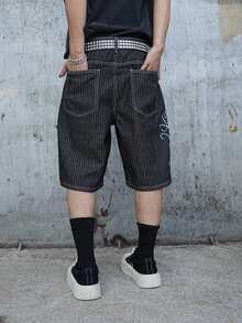 Manfinity EMRG Summer New Text Embroidery Black & White Striped Loose Wide Leg Shorts - Black - View 2