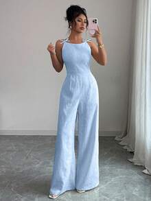 SHEIN Elenzya Bộ jumpsuit ống rộng thắt eo bằng vải jacquard họa tiết nơ và hoa cúc dành cho nữ, thanh lịch cho việc đi làm hàng ngày. - Màu xanh nhạt - Xem 5