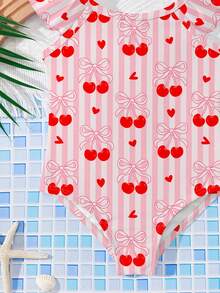SHEIN Vintage Cute Sweet Pink Striped Bow & Cherry Print Pattern, Baby Girl Casual Minimalist Fitted Ruffled One-Piece Swimsuit, Suitable For Summer - Multicolor - View 4