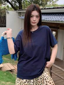 Dazy Plus 撞色条纹圆领宽松短袖粉色T恤，春夏宽松款 - 藏蓝色 - 查看 1