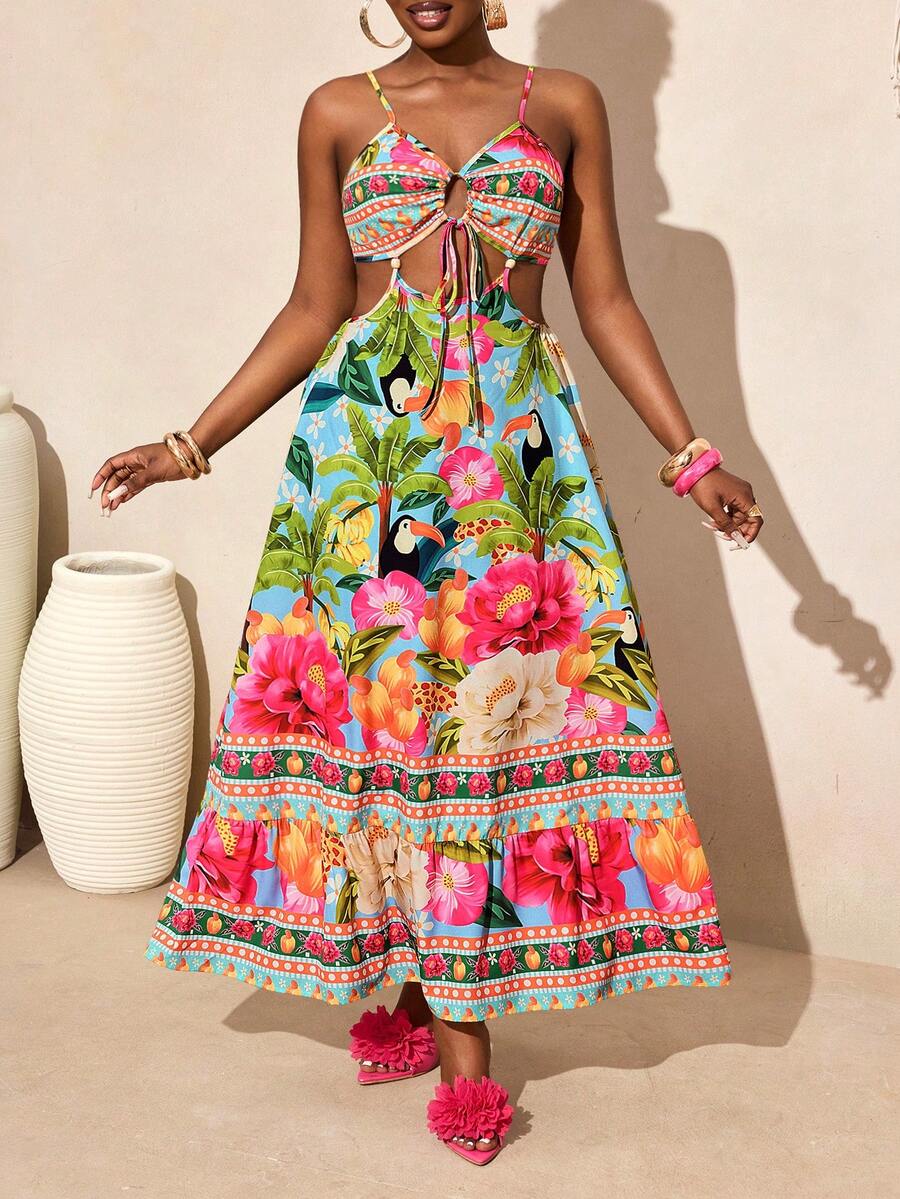 BamGleam 女士热带印花镂空系带露背吊带连衣裙，度假沙滩装 - 彩色 - 查看 1