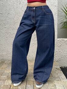 Dazy Plus Quần jeans ống loe rộng, màu xanh đậm, dáng dài, đa năng, phù hợp mọi mùa. - Rửa tối - Xem 6