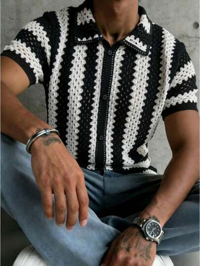 Manfinity LEGND Men's Summer Casual Vacation Black & White Striped Pointelle Knit Short Sleeve Cardigan