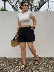 Dazy Plus Plus Size Solid Color Loose Straight Leg Casual Black Pants, All Season Summer - Black - View 6