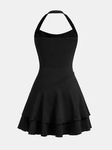SHEIN Girlism Teen Girl Knitted Halter Waist Ruched Peplum Hem Dress Outfit Girl - Black - View 2