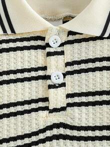 SHEIN Baby Girl Textured Black & Beige Striped Collared Short Sleeve Polo Dress, Preppy Style, Suitable For Spring, Summer, Autumn - Black - View 7