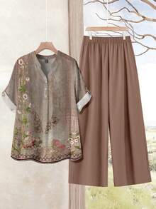 EMERY ROSE 大码女式印花V领短袖衬衫和阔腿裤休闲两件套 - 彩色 - 查看 1