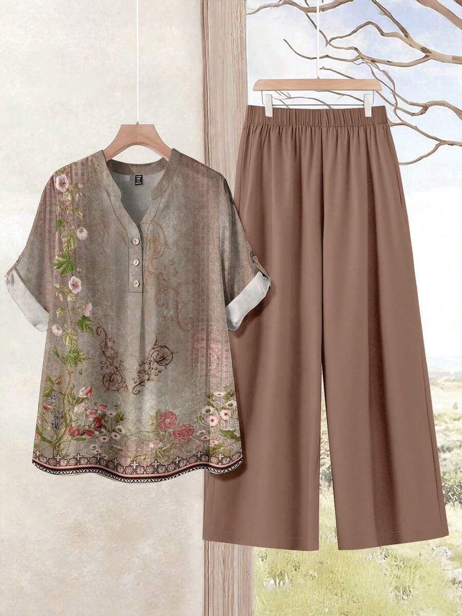 EMERY ROSE 大码女式印花V领短袖衬衫和阔腿裤休闲两件套 - 彩色 - 查看 1