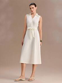 Uhlyne Women's Fashionable New Luxury High-End Apricot Sleeveless Lapel Button Design Waist Belt Slimming Elegant Versatile Commute Party Street Elegant Mid-Length Dress - Apricot - View 6