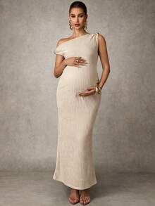 MaterniChic 孕妇纯色不对称领口休闲无袖连衣裙 - 卡其色 - 查看 3