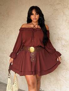 Rustia 大码纯色露肩前系带长袖休闲度假优雅连衣裙，春夏棕色西部连衣裙，巧克力棕色连衣裙，棕色连衣裙，波西米亚西部女装，咖啡棕色连衣裙，女式连衣裙，女士西部服装，女装连衣裙，女士夏季服装，波西米亚女装，波西米亚曲线度假服装，女士大码西部连衣裙，女士大码牛仔连衣裙，新款女士连衣裙，女士休闲连衣裙，女士露肩连衣裙，波西米亚连衣裙 - 棕色 - 查看 4