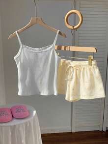 Comfortcana 2pcs/Set Women's Solid Color Contrast Lace Bow Decor Camisole And Striped Shorts Casual Outfit, Suitable For Vacation, Casual, Y2K Style, Spring/Summer, Valentine's Day, Carnival, Beach, Summer Holiday, Summer Casual Wear, Spring/Summer, Spring Break, Yellow Shorts - Yellow - View 2
