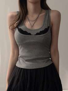 DAZY Women's Contrast Lace Spaghetti Strap Camisole, Fitted Sexy Cami Top - Grey - View 1