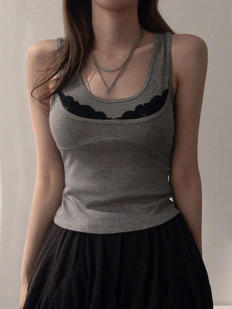 Women's Contrast Lace Spaghetti Strap Camisole, Fitted Sexy Cami Top Summer