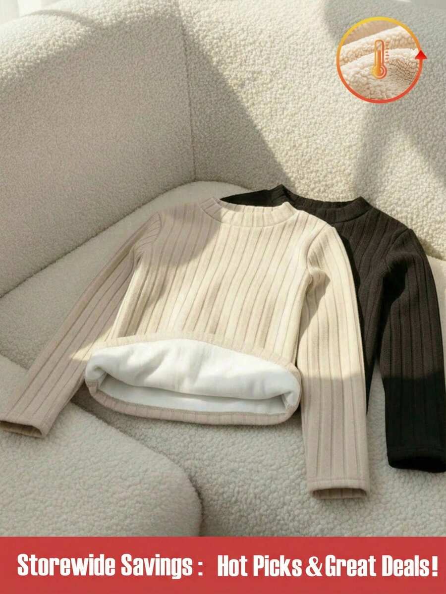 SHEIN Explorewe 2件套 少女休闲百搭通勤运动舒适保暖高领打底长袖上衣 黑色和米色 - 彩色 - 查看 1