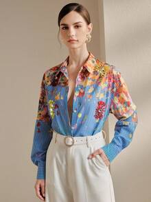 Anewsta Romantic Vacation Style Blue & White Striped Oil Painting Print Embellished Handmade Beaded & Sequin Floral Women Blouse - Blue - View 4