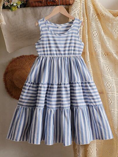 Vintaside Kids Đầm không tay kẻ sọc màu xanh dương và trắng phối hợp cho bé gái tuổi teen, thích hợp cho các hoạt động thường ngày, du lịch, họp mặt gia đình và kỳ nghỉ.