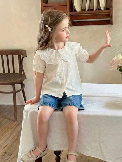 Vintaside Kids Genç Kızlar İçin Kayısı Rengi Tatlı İşlemeli Dantel Çiçek Desenli Yakalı Kısa Kollu Düz Kesim Bluz, Günlük Geziler, Kampüs Giyimi, Partiler, Fotoğraf Çekimleri, Sevgililer Günü İçin Uygundur