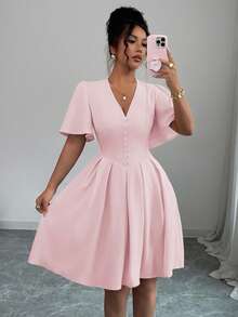 Elenzga Women's Light Pink Summer Elegant Tea Party V-Neck Petal Sleeve Ruffle Hem Elastic Waist Short Dress,Casual Commute Vacation Formal High Quality - Pink - View 4