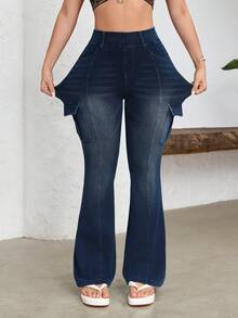 Flexra 女士高腰工装口袋喇叭裤 - 藍色 - 查看 5