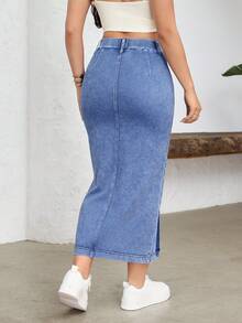 Flexra Front Button Fitted Denim Skirt - Blue - View 2