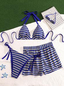 SHEIN Swim Curve 大尺碼藍色條紋針織掛脖綁帶側邊比基尼套裝 無袖短款休閒泳裝 結飾設計 - 藍色 - 查看 1