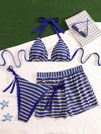 SHEIN Swim Curve Plus Size Women 3-Piece Swimsuit Set, Colorful Striped Halter Tankini Top With Bottoms And Cover Up Pants, Sexy Beach Vacation Swimwear Beach Outfit For Women Swimwear Bikinis Set For Women With Cover Up Beach Sets For Women Women Swim Suit Set